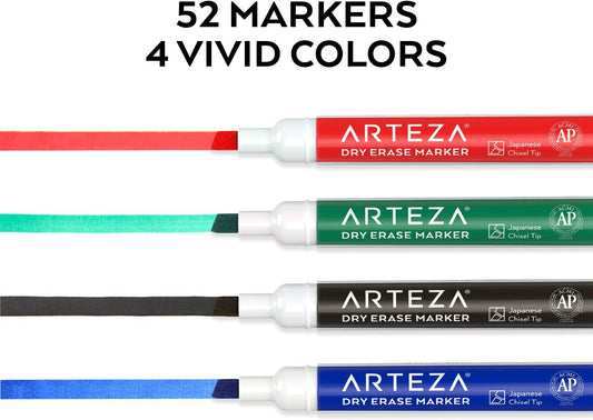 ARTEZA Dry Erase Markers, 52-Pack, Chisel Tip, 4 Assorted Colors, Low-Odor Ink for Whiteboards, Classroom, Office, or Home Use