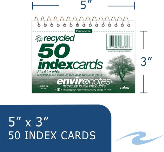 Roaring Spring Wirebound Spiral Bound Recycled Index Cards 3"x5", 50 Count, 100# White Paper, Narrow Ruled, Perforated, Blank on Back, Snag-proof (Pack of 1)