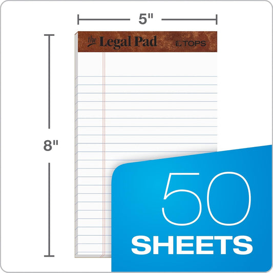 TOPS Legal Pads, 12 Pack, 50 Jr. Legal Ruled 5" x 8" Sheets, Bright White Paper with Firm Back, Small Portable Notepads, Proudly Made in the USA