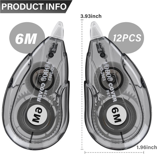 Vobou White Correction Tape Dispenser, Easy To Use Applicator for Instant Corrections, For school, Office (Black, 12pack, 6M/256, Tape Width 0.2in)