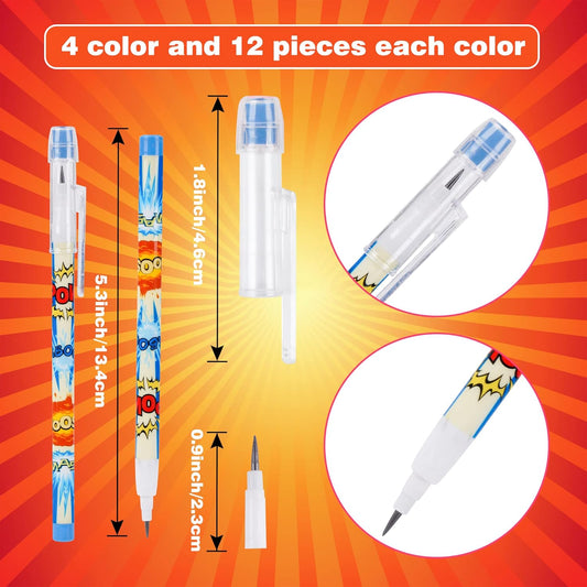 Kolewo4ever 48pcs HB Hero Pencils Kawaii Cute Multipoint Pencil Push Translucent Non Sharpening Stackable Pencils Pop Up Plastic Pencil for Classroom Rewards Carnival Prizes (Hero)