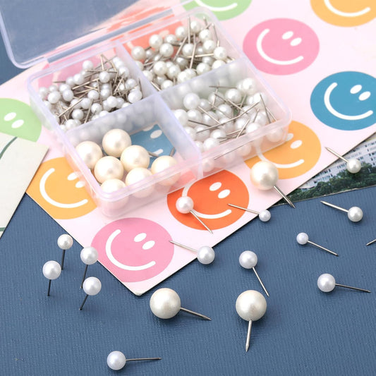 200 Pcs Pearl Push Pins, Multiple Sizes White Thumb Tacks with Box, Round Pearl Head Steel Point Tack Push for Cork Board Bulletin Map DIY Photo Wall Home Office Classroom Decoration
