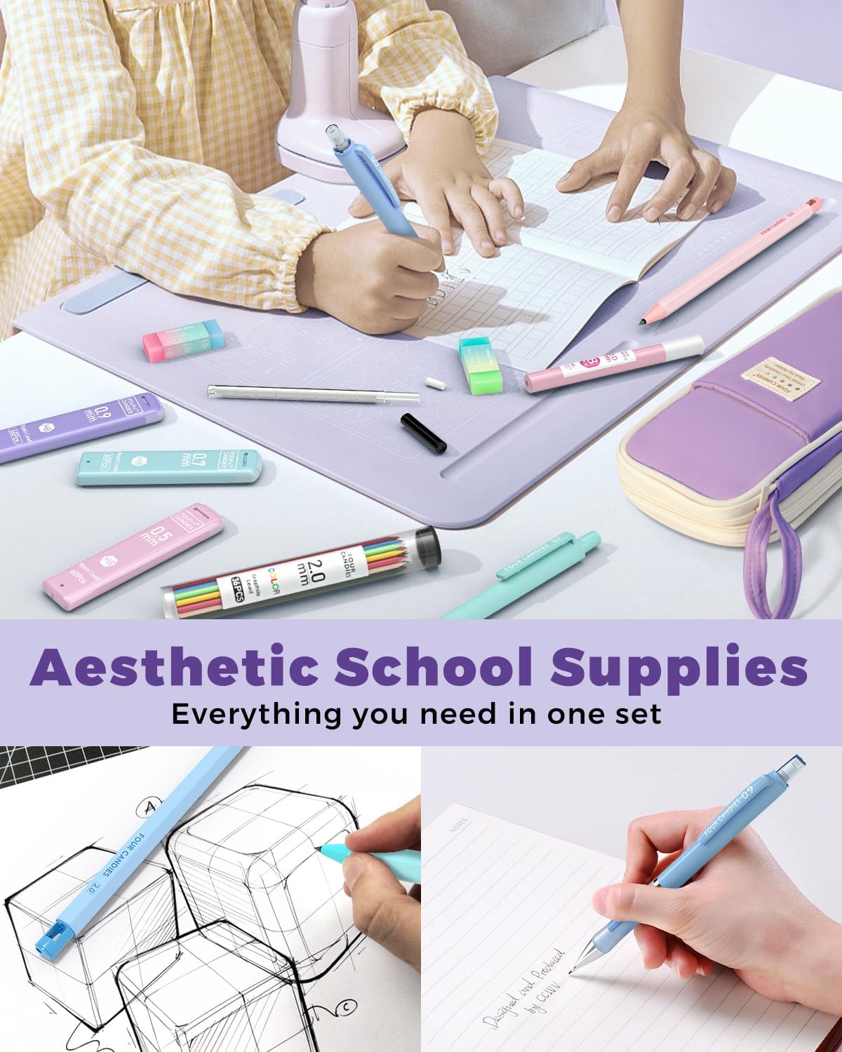 Four Candies 42PCS Aesthetic School Supplies, Mechanical Pencil Set 0.5mm, 0.7mm, 0.9mm, 2.0mm with 696 Lead Refills, Pastel Mechanical Pencils for Writing, Drawing & Drafting (Cream)