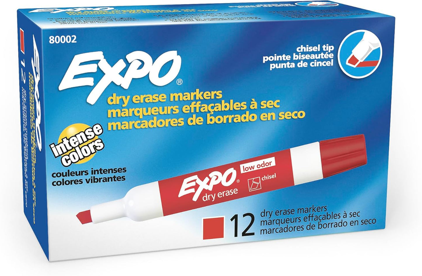 EXPO Dry Erase Markers, Low Odor Ink, Red, Chisel Tip, 12 Count