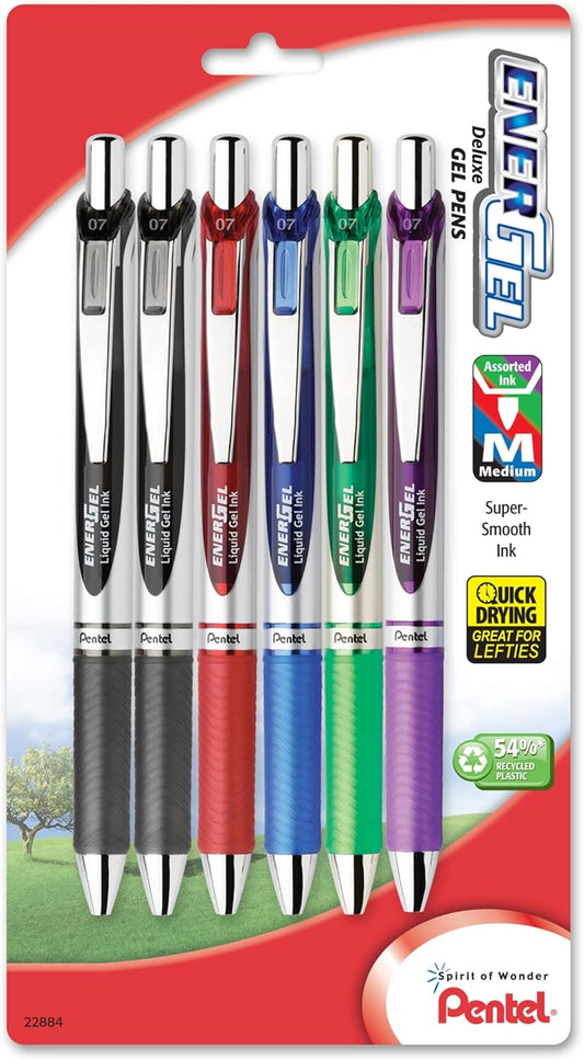 Pentel EnerGel RTX Retractable Liquid Gel Pen, (0.7mm), Medium Line, Metal Tip, Black Ink, Pack of 6 (BL77BP6A)