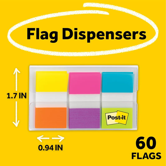 Post-it Flags, 0.94 in. x 1.7 in., One Dispenser with 20-Count Sticky Tabs in Alternating Colors (60 Flags Total), Removable Page Markers for Books, Planners, Calendars, and Other Paper Types