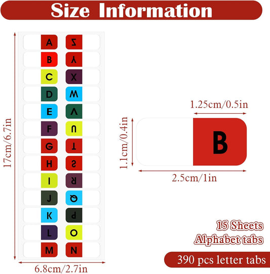 390 Pcs A-Z Sticky Alphabet Tabs, Colorful Stick On Notebook Tab, Self Adhesive Book Tabs for Annotating Books, Letter Index Tab for Notebook Textbook Dictionary Filing