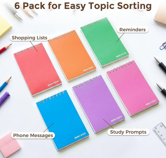 Koogel 6 Pack Pocket Notebooks Small Spiral Notebooks Bulk, 3x5 Inch, Mini Lined College Ruled Journal, Small Spiral Notebook Memo Notepads for School, Home, College, Office, Work, Nurse, 6 Colors