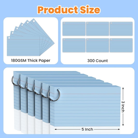 300 Count Colored Index Cards 3x5 Inch with Ring, Heavy Weight Flash Cards, Note Taking Supplies, Portable Note Cards, Study Flashcards for Students & Teachers, Office Home School Study Supplies