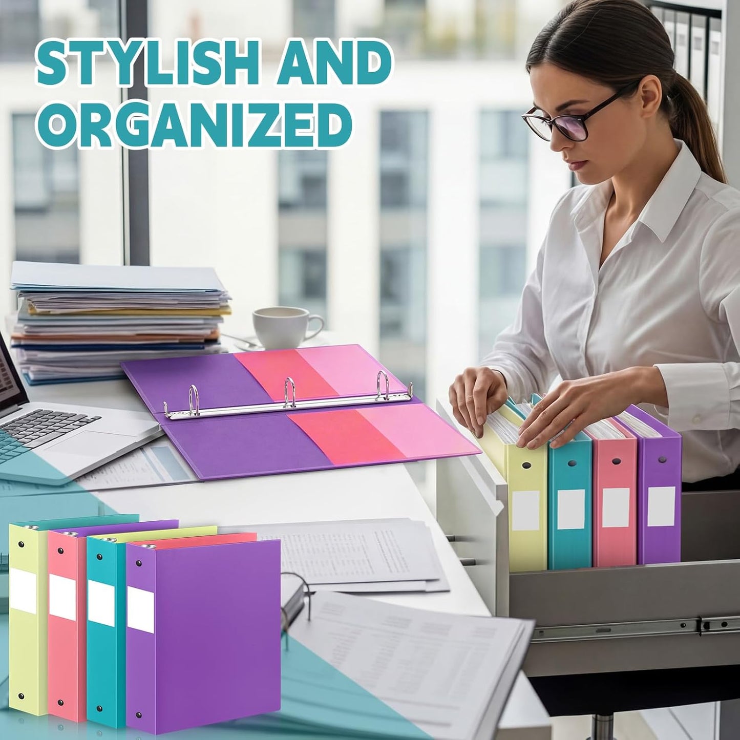 Henoyso 4 Pack Plastic Two-Tone View 3 Ring Binder, 1 Inch Round Ring Binder with Four Inner Pockets, Heavy Duty View Binders for School and Office, Pink, Teal, Purple and Lime (Clear Font Pocket)