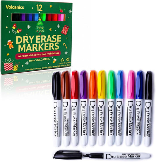 Volcanics Black Dry Erase Markers Low Odor Fine Whiteboard Markers Thin Box of 30