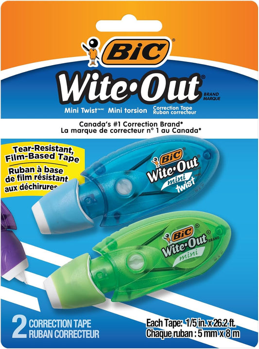 BIC Wite-Out Brand Mini Twist Correction Tape, 26.2 Feet, 2-Count Pack of white Correction Tape, Fast, Clean and Easy to Use Tear-Resistant Tape Office or School Supplies