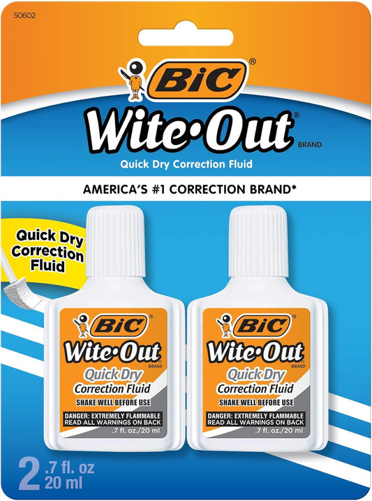 BIC® Wite-Out® Quick-Dry Correction Fluid, 20 mL Bottles, White, Pack Of 2