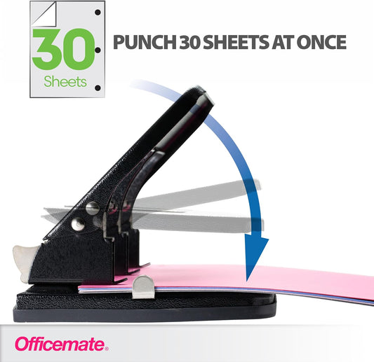 Officemate 3-Hole Punch, Medium Duty, 30-Sheet Capacity, Ergonomic Handles, Adjustable Paper Guide, Durable Metal Base, Black