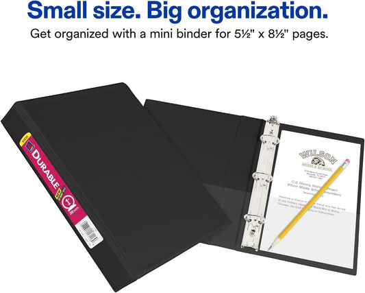 Avery Mini Durable View 3 Ring Binder, Holds 5.5" x 8.5" Paper, 1" Round Rings, 175-Sheet Capacity, 1.4 Inch Wide Spine, 1 Black Binder, Great for Home, School Supplies, Office, and More (17167)