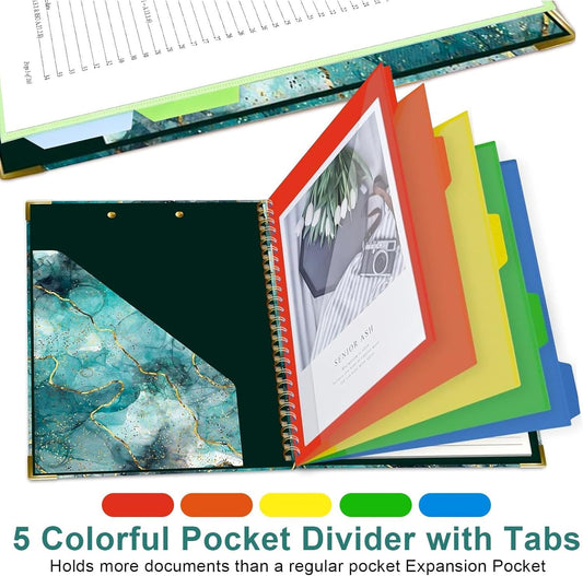 Clipboard Folio with Refillable Notepads, Marble Clipfolio with 5 Dividers with 10 Pockets, Spiral Clipboard Folder Design for School, Office, Work, Teacher, Students, Nurses (Green, 9.4 x 12.8)
