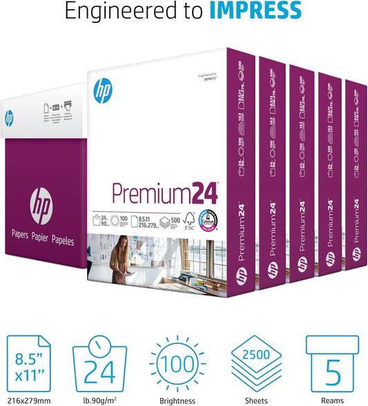 HP Printer Paper | 8.5 x 11 Paper | Premium 24 lb | 1 Ream - 500 Sheets | 100 Bright | Made in USA - FSC Certified | 112400R