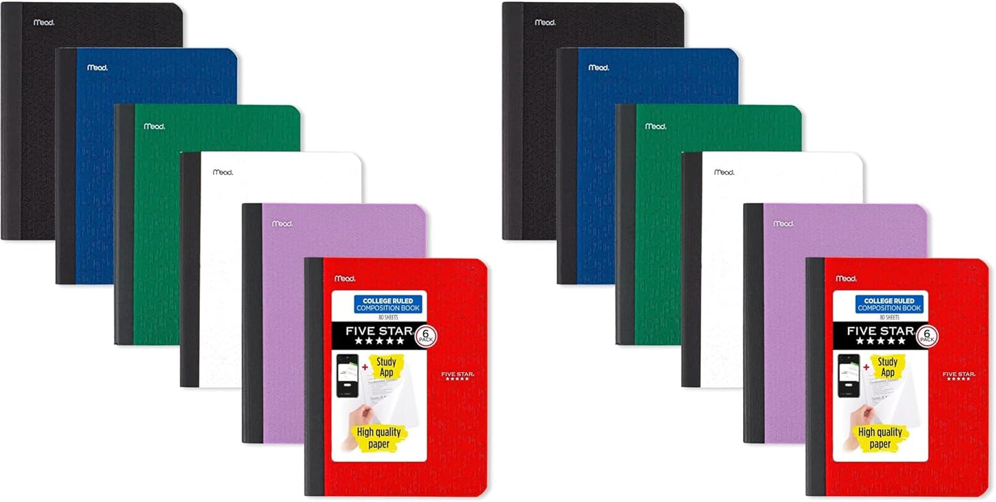 Five Star Composition Books + Study App, 6 Pack, College Ruled Paper, 9-3/4" x 7-1/2", 80 Sheets, Black, Red, Green, Blue, Purple, White (850065A-ECM)