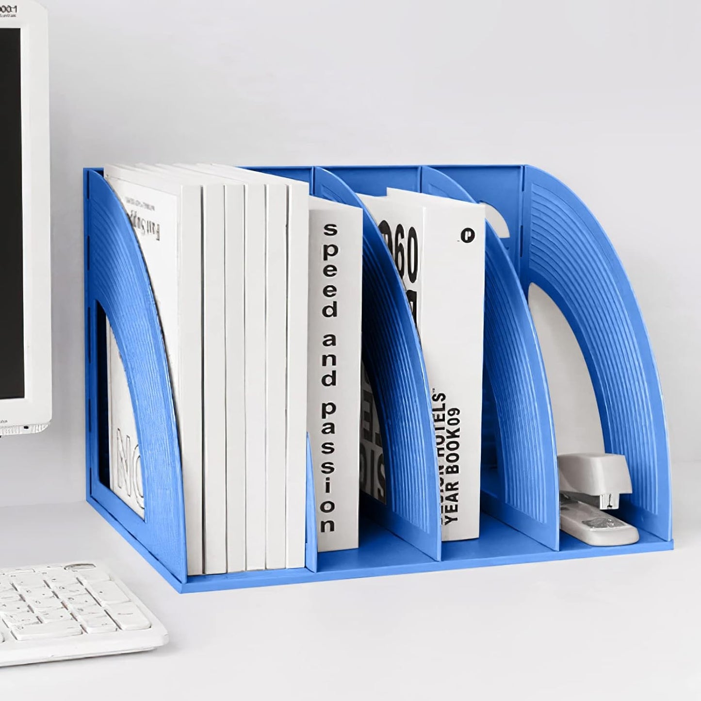 SAYEEC Magazine File Holder Folder Storage Desktop 4 Compartment Standing Hollow Green Files Bookshelf Organizer Box Office Racks Displays Holds Notebooks Documents for School Working Students