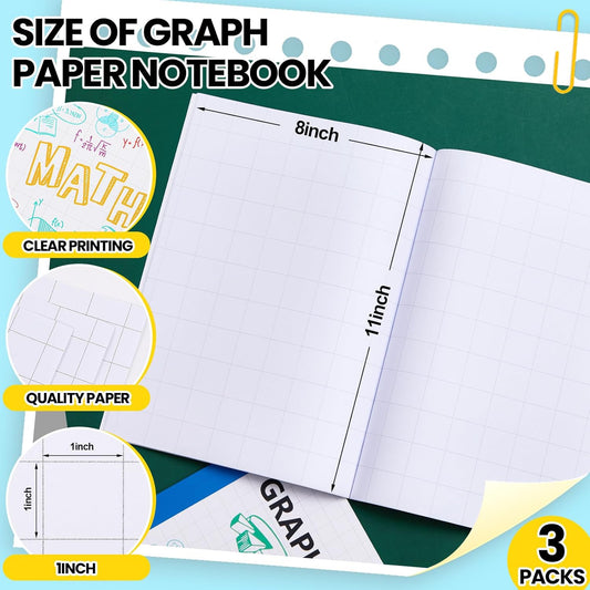 Ctosree 3 Pcs Graph Paper for Kids 1/2 Inch Squares Math Graph Paper Composition Notebook 8.5 x 11 Inches Quad Ruled Grid Notebook for Kids School Supplies