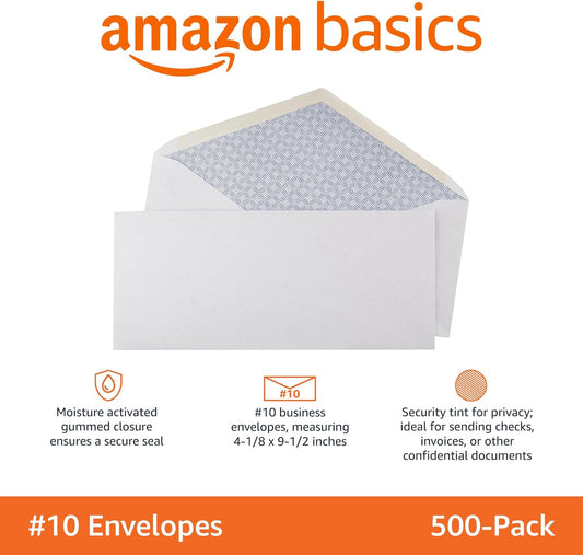 Amazon Basics #10 Security Tinted Business Envelopes for Documents and Invoices, Quality Seal, 4-1/8" x 9-1/2", White, Pack of 500