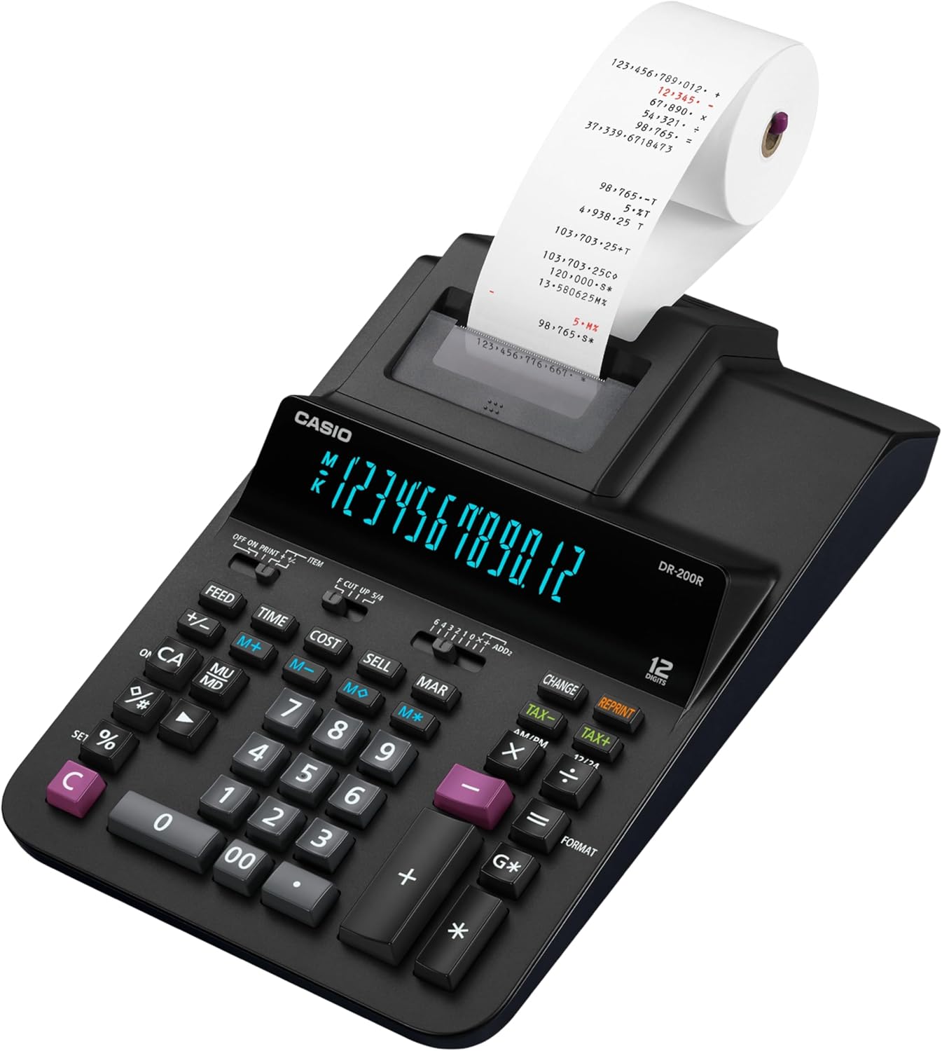 Casio DR-200R-BK Printing Calculator with 2-Color Printing, 12-Digit Front Luminous Display, 4.4 Lines Per Second Speed, Professional Business Functions | Black