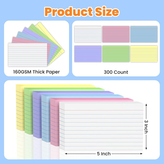 300PCS Index Cards 3 x 5 Inch, Colored Flash Cards, Lined Flashcards Notecards, Flash Cards for Studying, Ruled Front and Blank Back, Note Cards for Office, Home and School