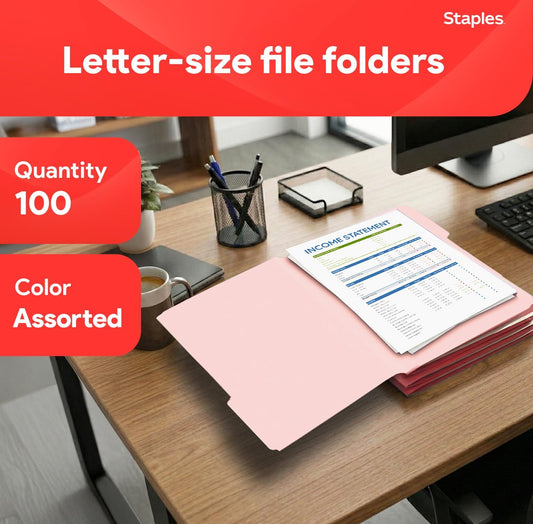 Staples File Folders, Letter Size, 1/3‑Cut Tabs, Purple, Durable 10.5‑Point Paper Stock, 100/Pack