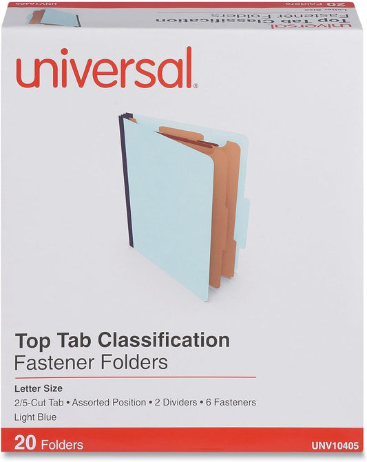 Universal Six-Section Pressboard Classification Folders, 2.5" Expansion, 2 Dividers, 6 Fasteners, Letter Size, Light Blue, 20/Box