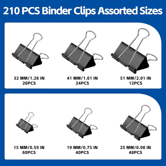 BainGesk 210 PCS Binder Clips Paper Clamps Assorted Sizes, Metal Paper Binder Clips, Black Binding Paperwork Clamp Bulk, 6 Sizes in 6 Boxes, School, Office Supplies