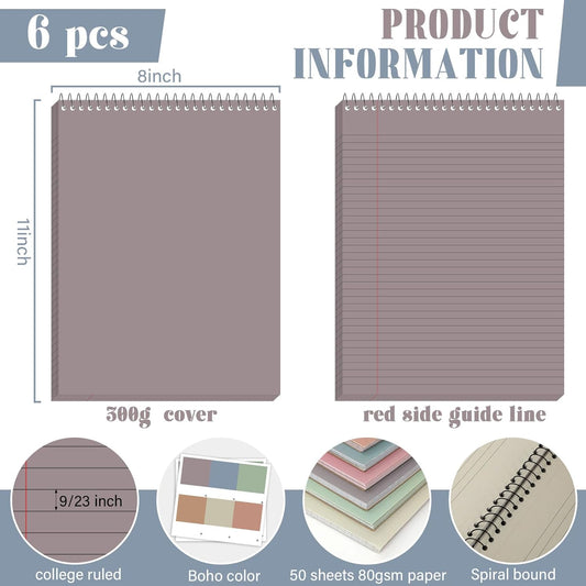 gisgfim 6 Pcs Morandi Top Bound Spiral Notebooks 8.5" x 11" College Ruled Aesthetic Legal Pad Steno Pads Colored Paper Assorted Covers Wirebound Notepad for Writing School Office Supplies