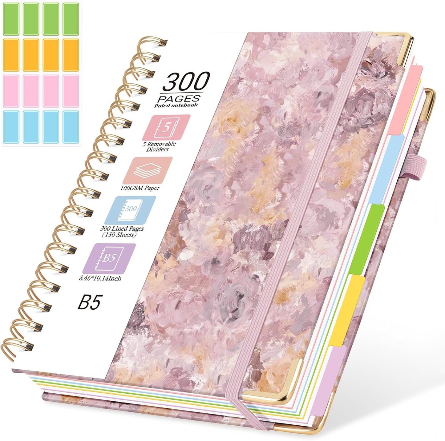 Hardcover Spiral Journal Notebook, 300 Pages 5 Subject Notebook College Ruled with Removable Dividers Tabs, 8" x 10" Notebooks for Work, Spiral Ruled Lined Writing Journal Hardcover Leather Notebook for School (Black, 8''x 10'')