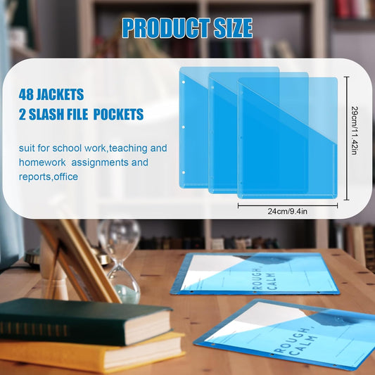 Seajan 48 Pcs Pocket Folders for 3 Ring Binder Clear Plastic Folders Sleeves with 2 Pockets 3 Hole Punch Binder Dividers Poly Slash File Jackets for Office School Document Organizer (Multicolored)