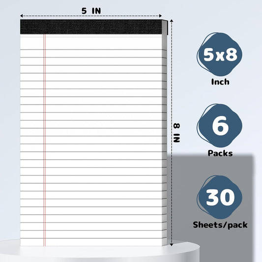 5x8 Legal Pads Writing Pad Note Pads, 8 Pack College Ruled Lined Paper Pad, White Perforated Notebook, Premium Notepads for School Office Home, 30 Sheets/Pack