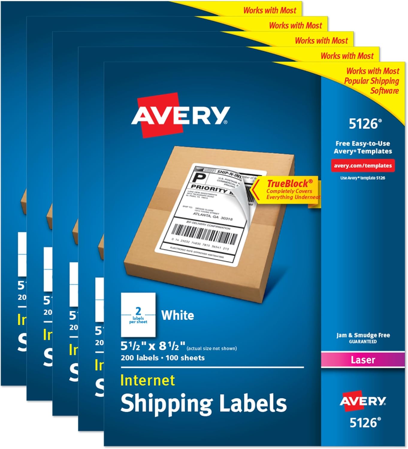 Avery Half-Sheet Printable Shipping Labels, 5.5" x 8.5" Customizable Stickers, White, 200 Blank Mailing Labels, Great for Mailing, Shipping, Organizing, and More (5126)