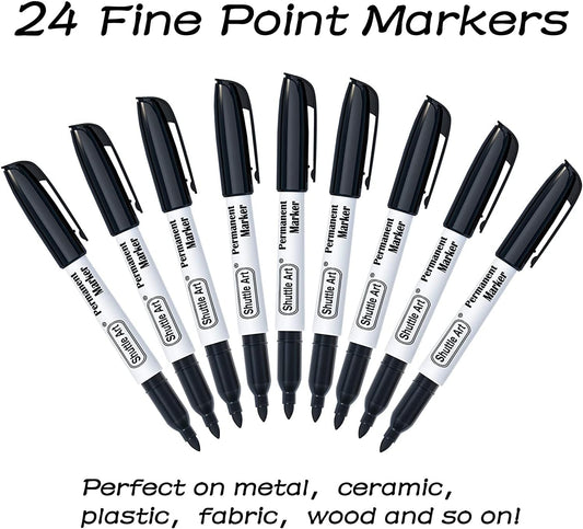 Shuttle Art Permanent Markers, 30 Pack Black Permanent Marker set, Fine Point, Works on Plastic, Wood, Stone, Metal and Glass for Doodling, Marking