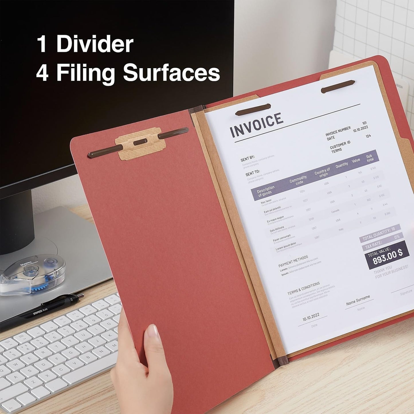 Staples Pressboard Classification Folders, Letter Size, 1‑Divider, 1.75" Expansion, Brick Red, Durable Construction – 40/Carton