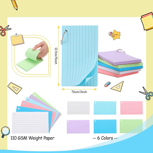 300 Sheets Ruled Index Cards with Metal Ring Binder, Multicolor, 6 Pack