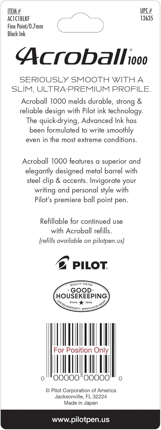 PILOT Acroball 1000 Ultra-Premium Refillable & Retractable Ball Point Pen, Gold Barrel, Fine Point, Black Ink, Single Pen (13662).