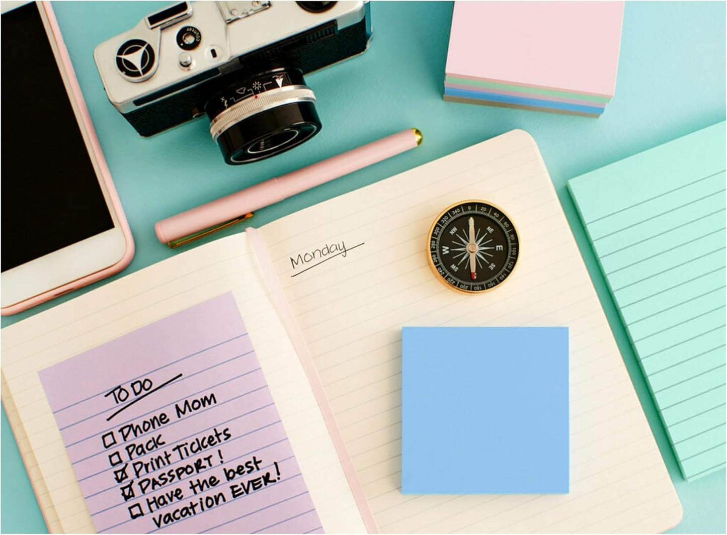 Post-it 100% Recycled Paper Super Sticky Notes, Lined, 4 in. x 6 in., 4 Pads, 45 Sheets per Pad, Wanderlust Pastels, School Supplies and Office Products