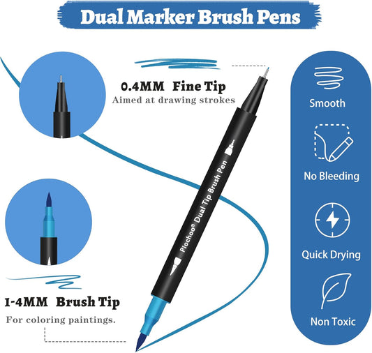 Piochoo 18 Colors Dual Tip Markers, Fine Point & Brush Tip for Adult Coloring Books, No Bleeding, Art Supplies