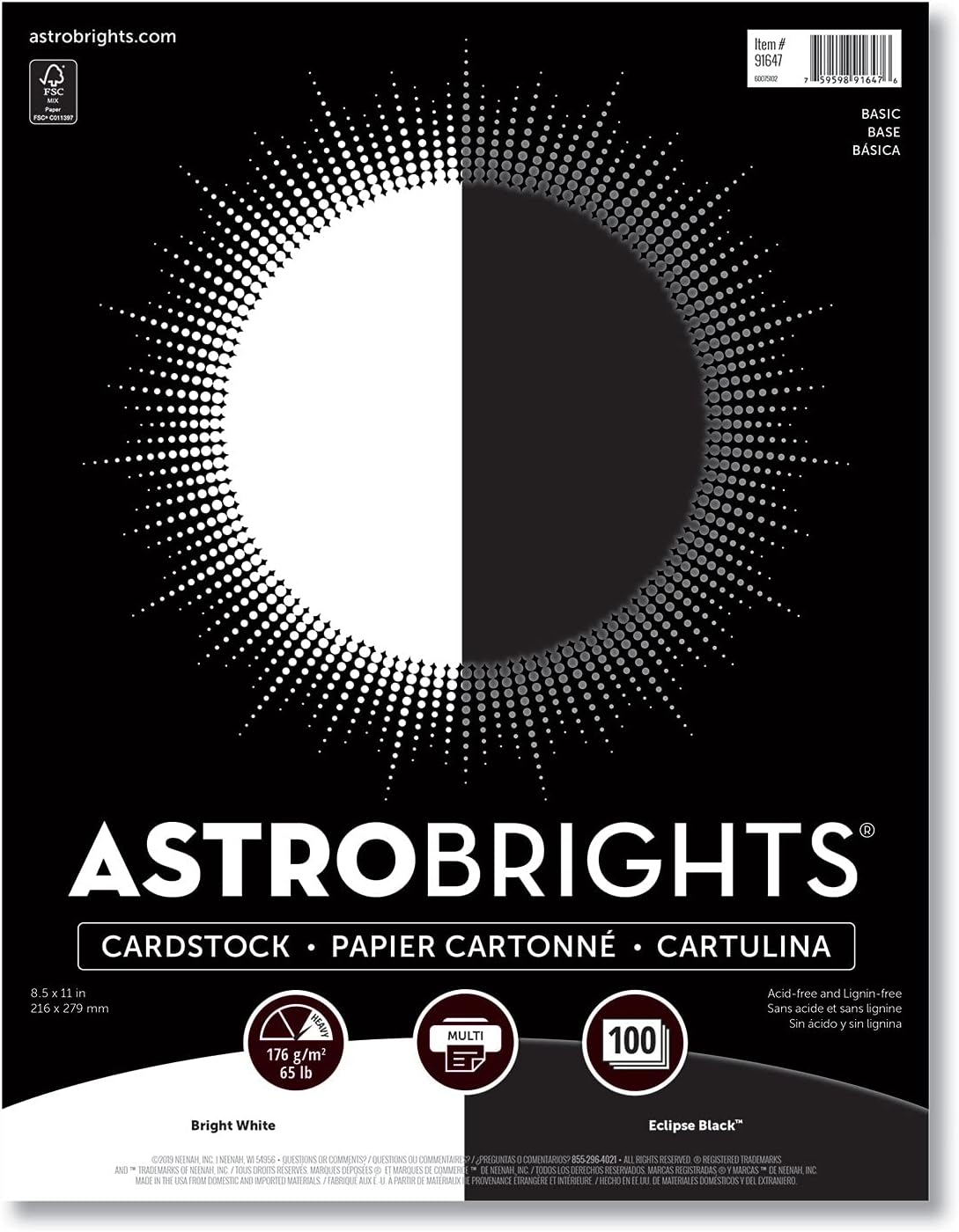 Astrobrights Cardstock, 8.5" x 11", 65 lb./176 gm, Black & White Assortment, 100 Sheets (91647)