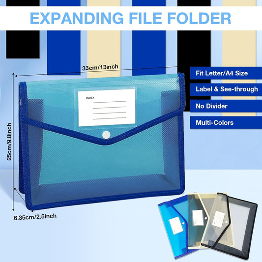 3Pcs Plastic Expanding File Folder, A4 Letter Size Folders for Documents with Snap Closure, Colorful File Folder Organizer, Transparent Accordion File Organizer, Binder Pockets for Office/School/Home