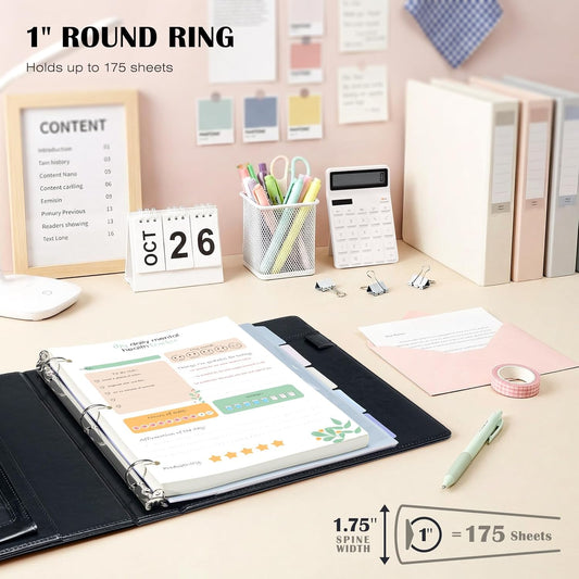 Ospelelf Leather 3 Ring Binder for Letter Size Documents with PVC Pocketed Dividers, 1 Inch Round Rings, Holds 175 Sheets, Binders with Storage Bag & Notepad, for Office School Home Organization, pink