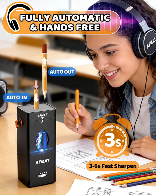AFMAT Electric Pencil Sharpener, Rechargeable & Cordless, Fully Automatic Pencil Sharpener for Classroom, Auto in & Out, 5 Sharpness Modes, Heavy Duty Sharpeners for 6-12mm No.2/Jumbo Pencils PSC7