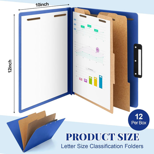 Henoyso 12 Pcs Letter Size Classification Folders 2 Divider, 1/3-cut Metal Tab, File Folder with 3'' Expansion, 2 Prong Fastener, 60 Labels, Heavy Duty File Folder for Office School Medical