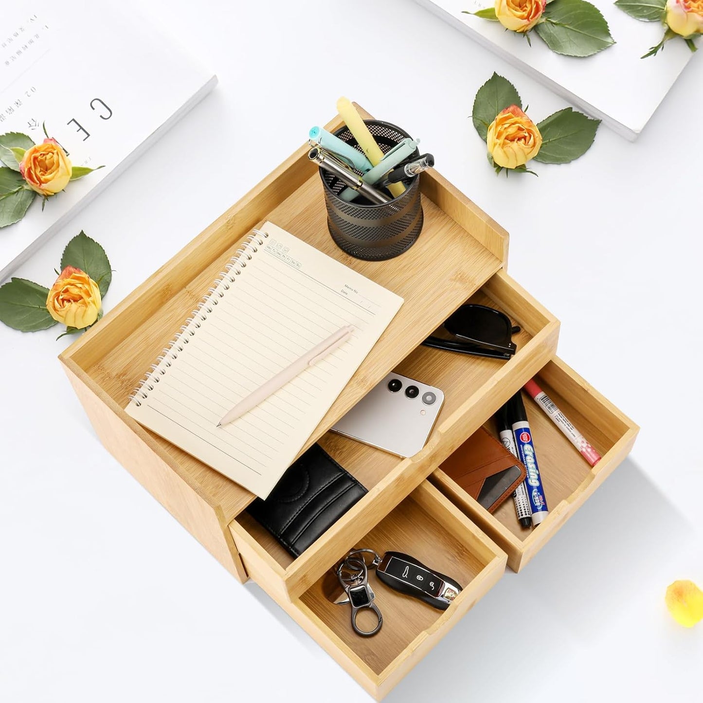 Charmewooden Bamboo Desk Organizer With Drawers Countertop Drawers Counter Storage Box Corner Desk Organizer for Home Office No Assembly Required (3 Drawers)