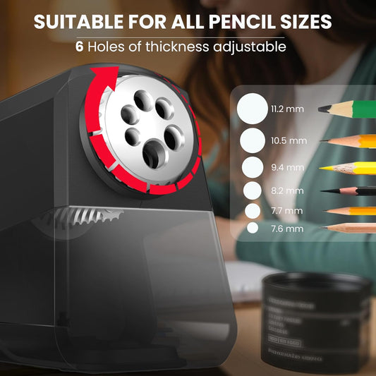 Heavy Duty Electric Pencil Sharpener – 6-Hole for 6-12mm Pencils, Auto Start/Stop, Fast 4s Sharpening, Zinc Alloy Blade, 10,000+ Sharpenings – Ideal for Classroom, Office & Art Use(S260)