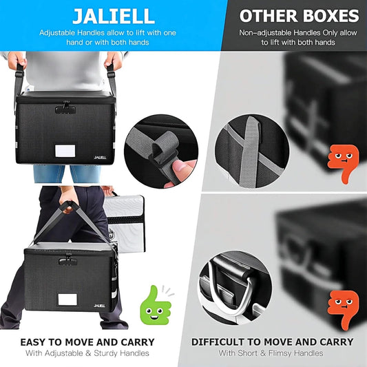 File Box with Lock, Fireproof Document File Organizer Box with Zipper & Adjustable Handle, Collapsible File Storage Box Home Office Safe Filing Cabinet for Hanging Letter/Legal Folder