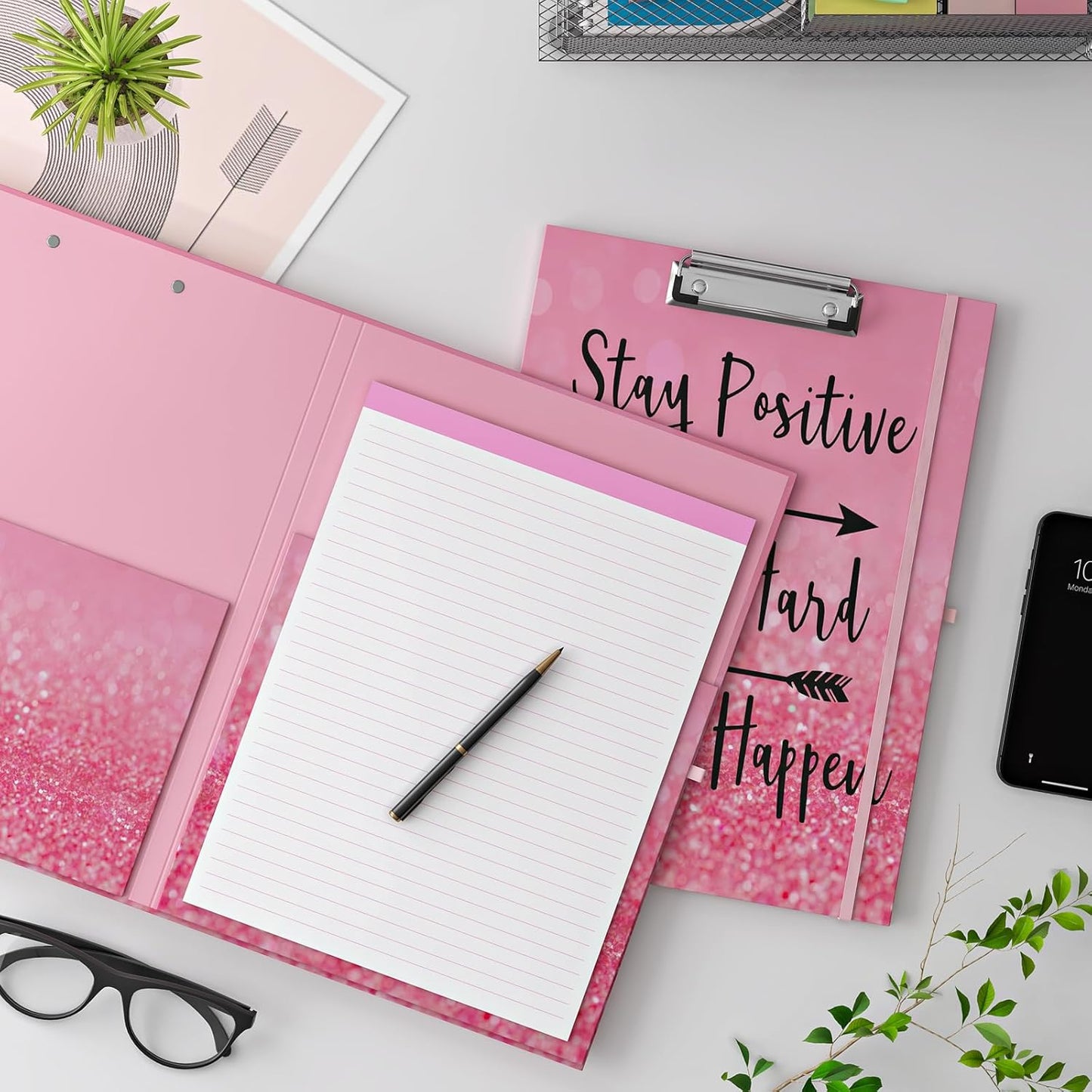 Clipboard Folio with Refillable Lined Notepad, Low Profile Clip and Interior Storage Pocket, Cute Clipboard Folder Design for Students, Office, School, Nurse (Garden Flowers+Stay Positive)